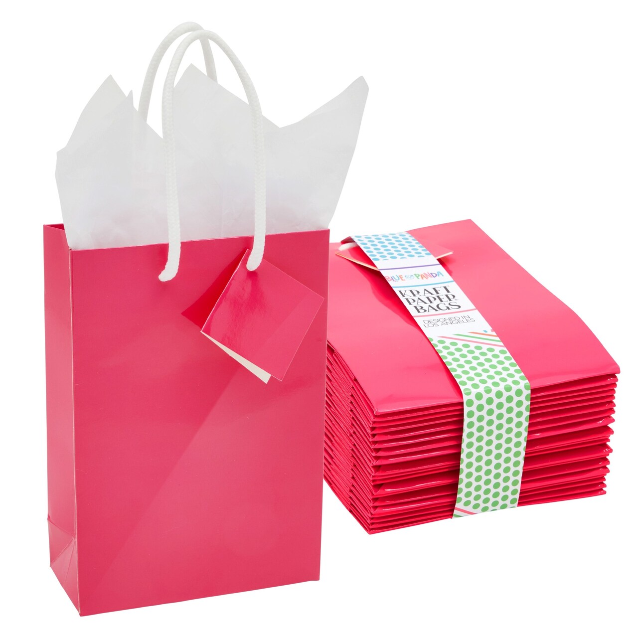 20-Pack Small Paper Gift Bags with Handles, 5.5x2.5x7.9-Inch Goodie Bags with 20 Sheets White Tissue Paper and 20 Hang Tags for Small Business (Hot Pink)